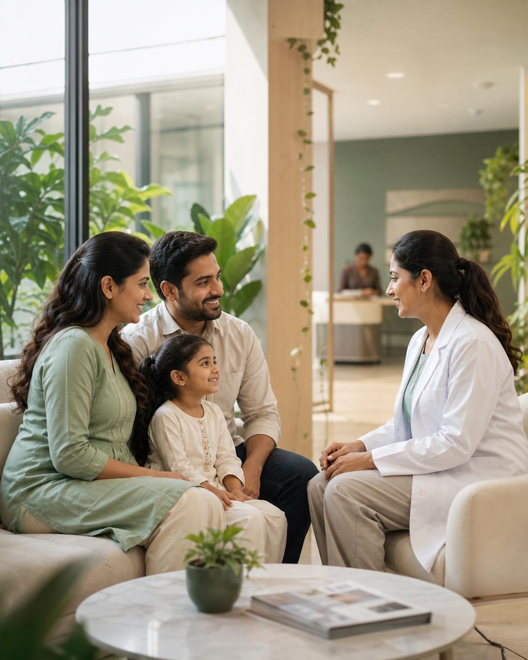Doctor with an Indian family in a bright modern clinic